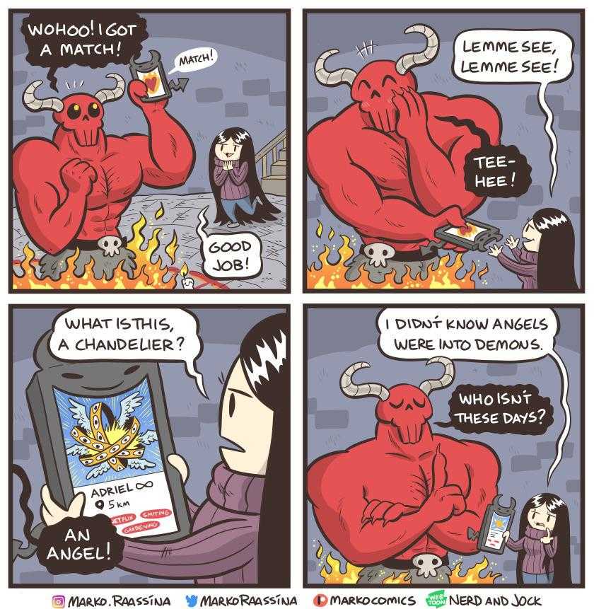 a cartoon of a man in a devil costume is talking to a woman