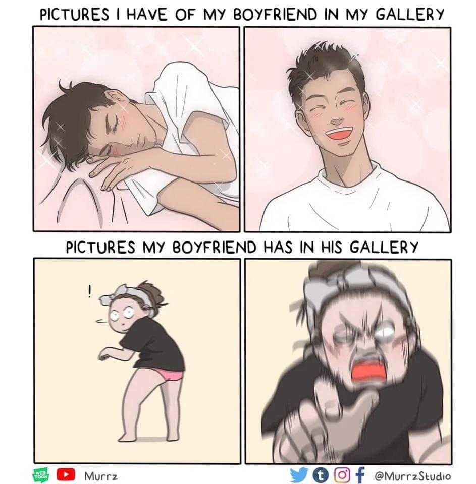 cartoon of a man and woman in a gallery with pictures of their boyfriend