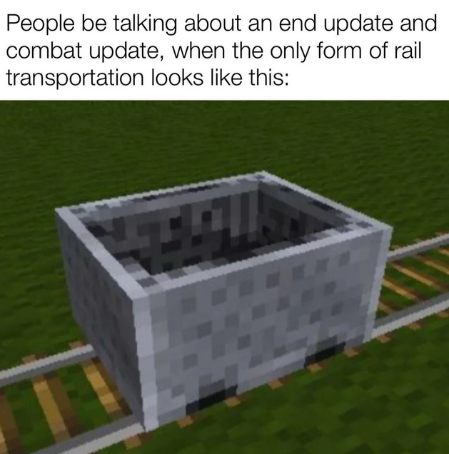 a picture taken from a minecraft video of a train with a box on the tracks