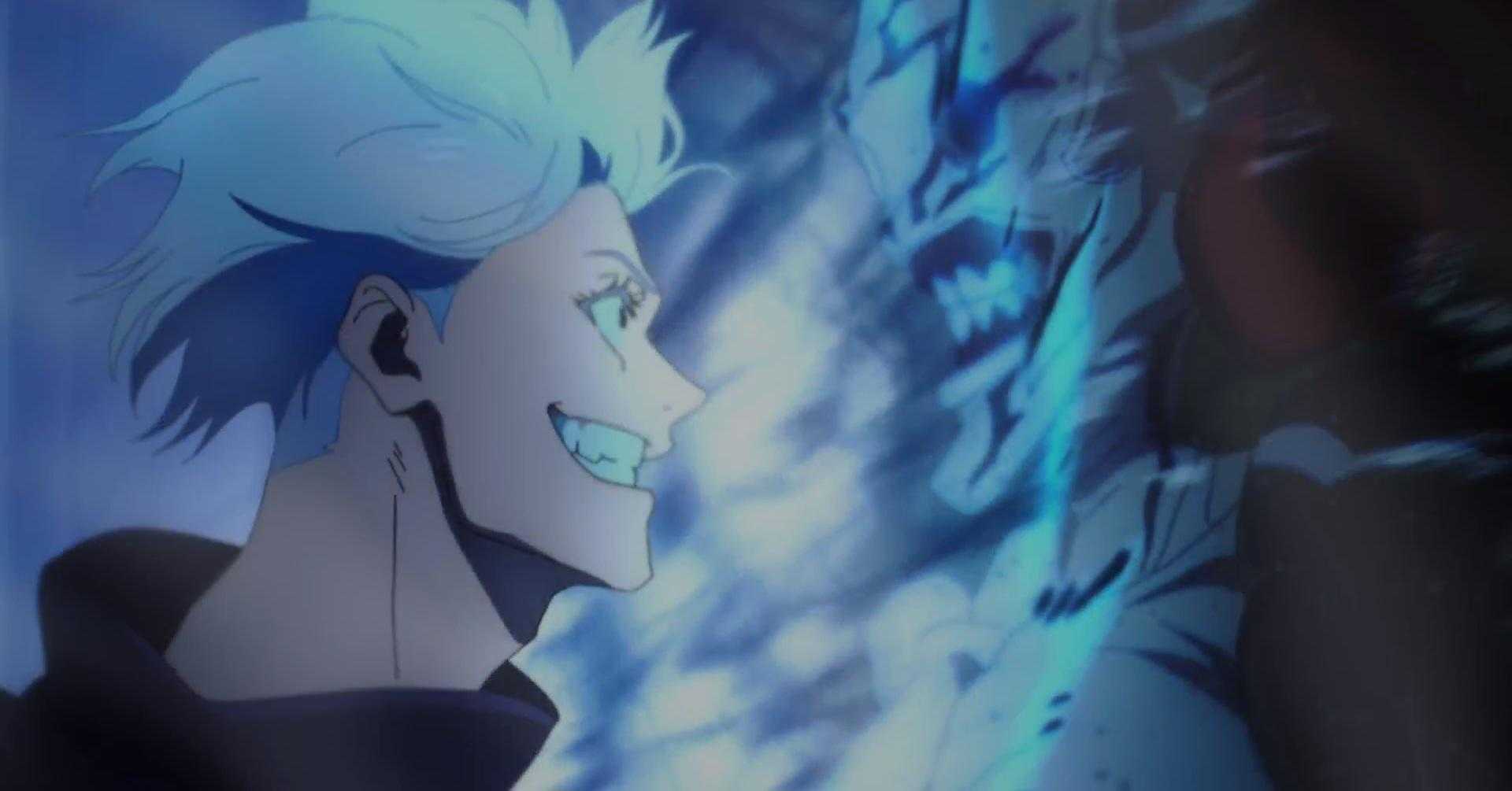 anime character with blue hair and white teeth looking at something