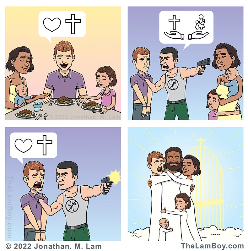 cartoon of a man holding a gun and a woman pointing at a child