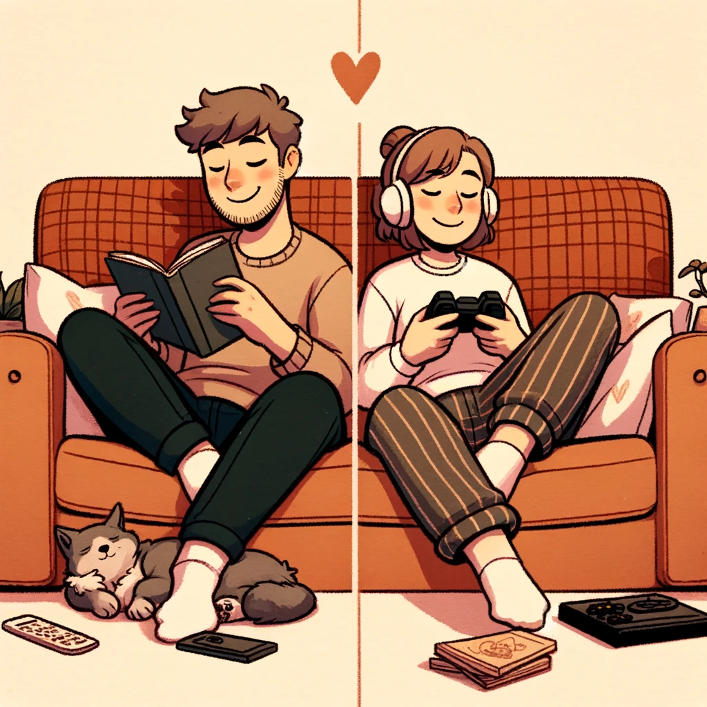 there are two illustrations of a man and woman sitting on a couch