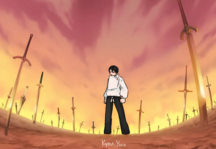 anime scene of a man standing in a field of crosses