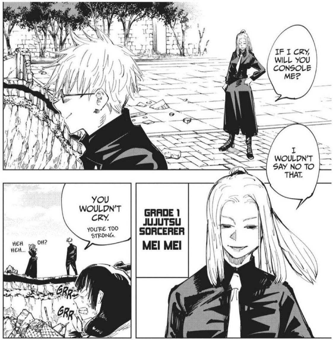 a comic strip with a woman and a man in a black coat