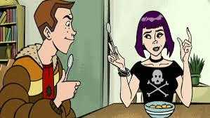 cartoon of a man and woman eating cereal at a table