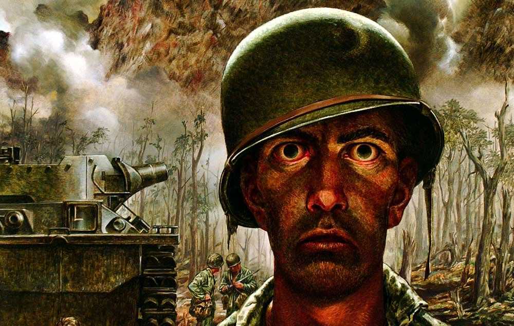 painting of a man in a helmet and a tank in the background