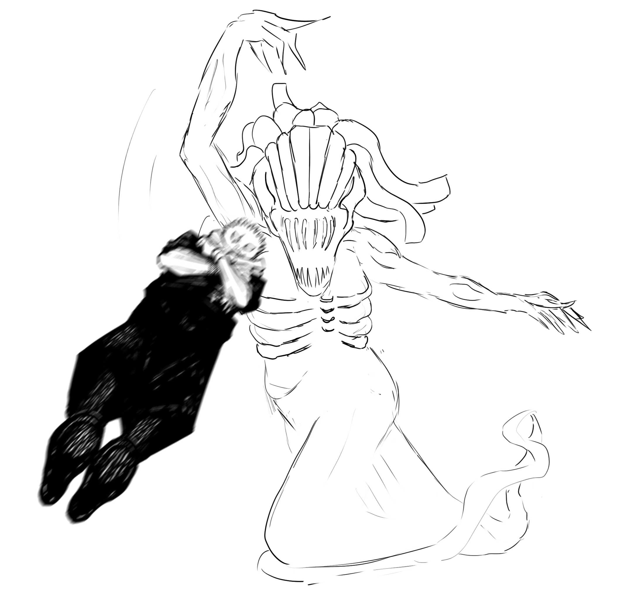 drawing of a dog chasing a woman with a bouquet of flowers