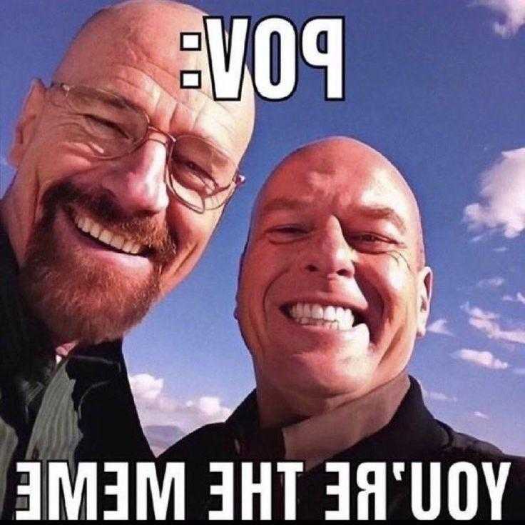 two men are smiling and posing for a picture with the caption pov you ' re the meme