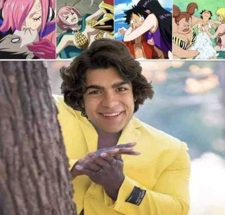 image of a man in a yellow jacket and a collage of anime characters