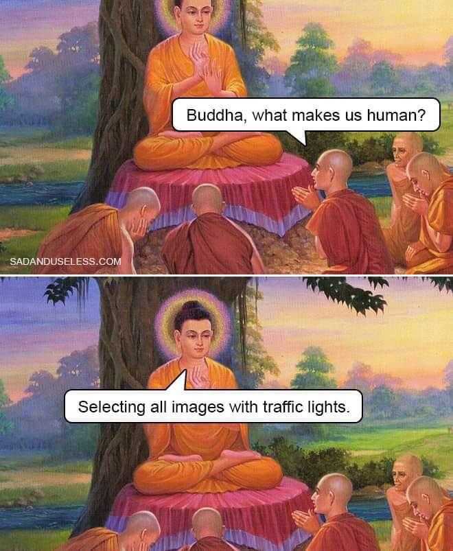 a cartoon of a buddha sitting on a tree with a caption saying, buddha what makes us human?