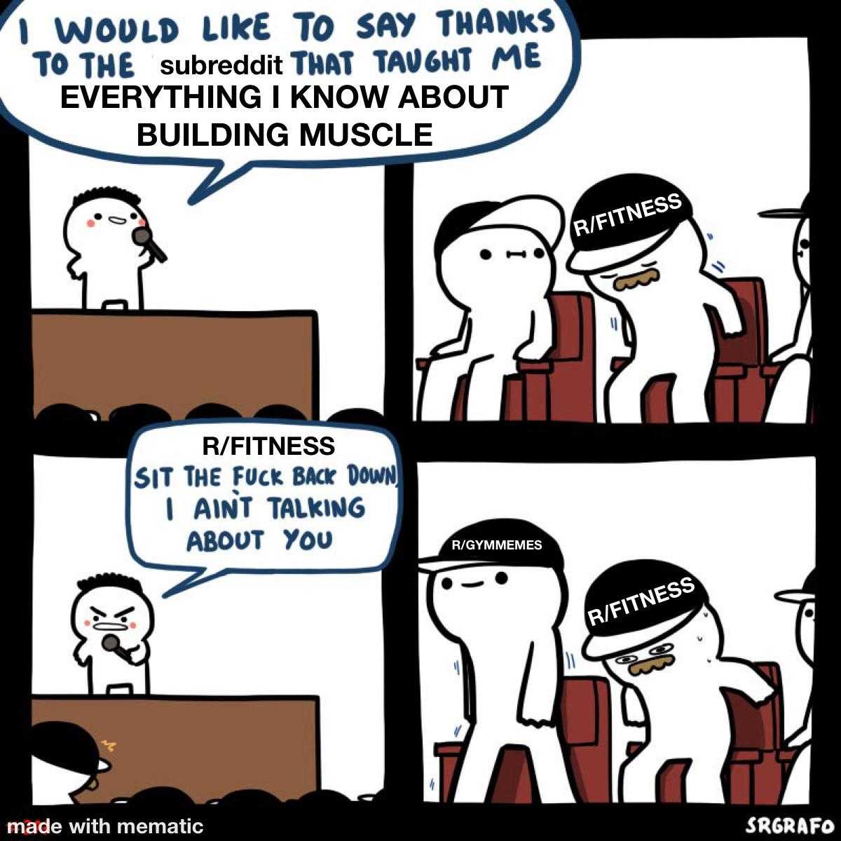 a cartoon of a man talking to a woman about building muscle