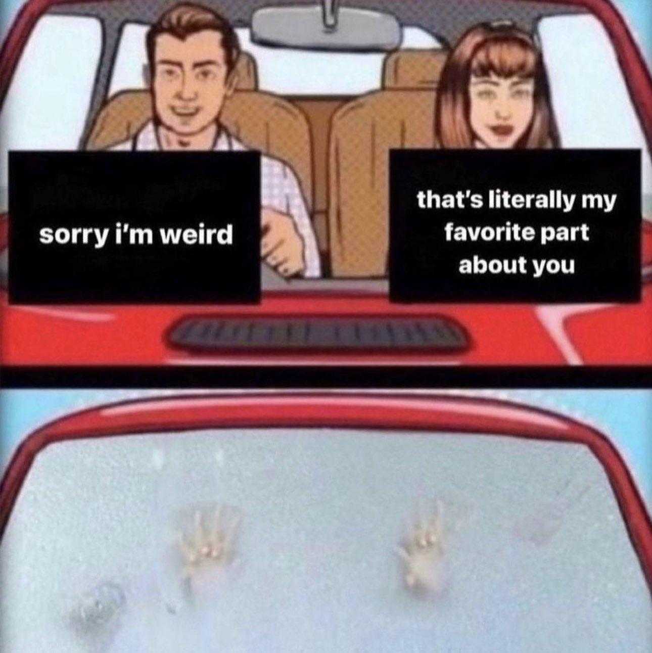 a cartoon picture of a couple driving in a car with a handprint on the windshield