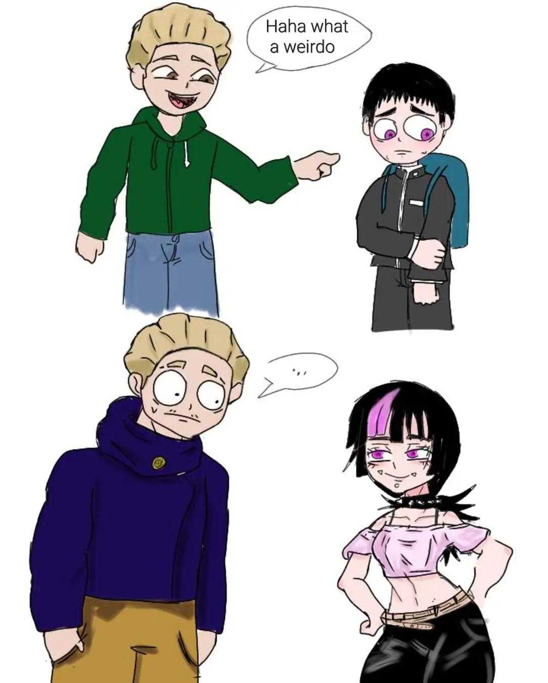 a cartoon drawing of three people with different expressions