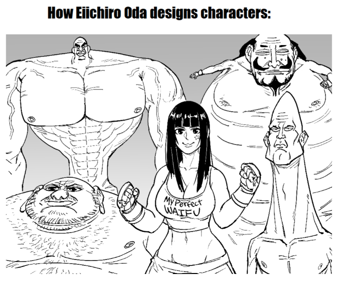 a cartoon drawing of a woman and two men with a giant body