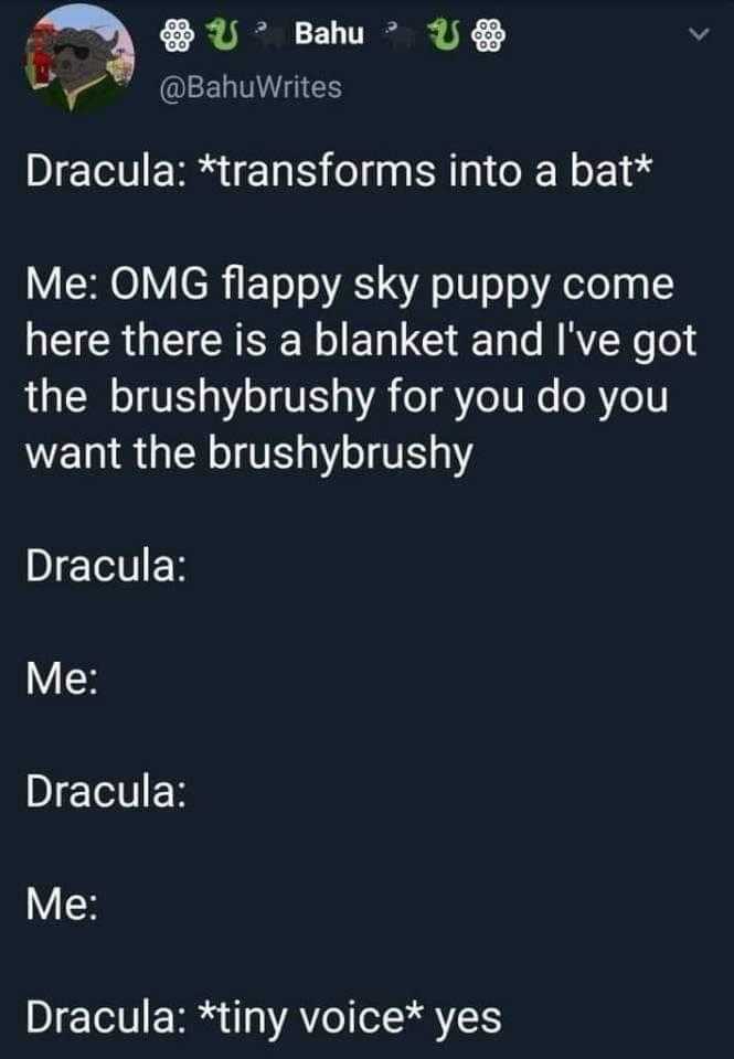 a screenshot of a twee with a caption of a dog saying, ' dracula transform into bat