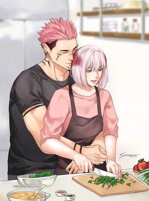 anime couple cutting vegetables in a kitchen with a cutting board