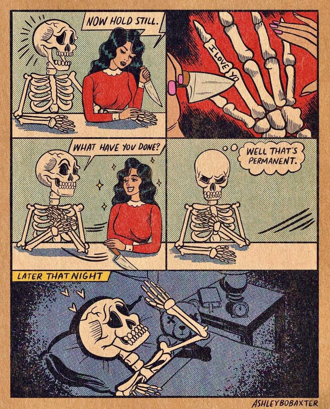 a cartoon of a comic strip with a skeleton and a woman