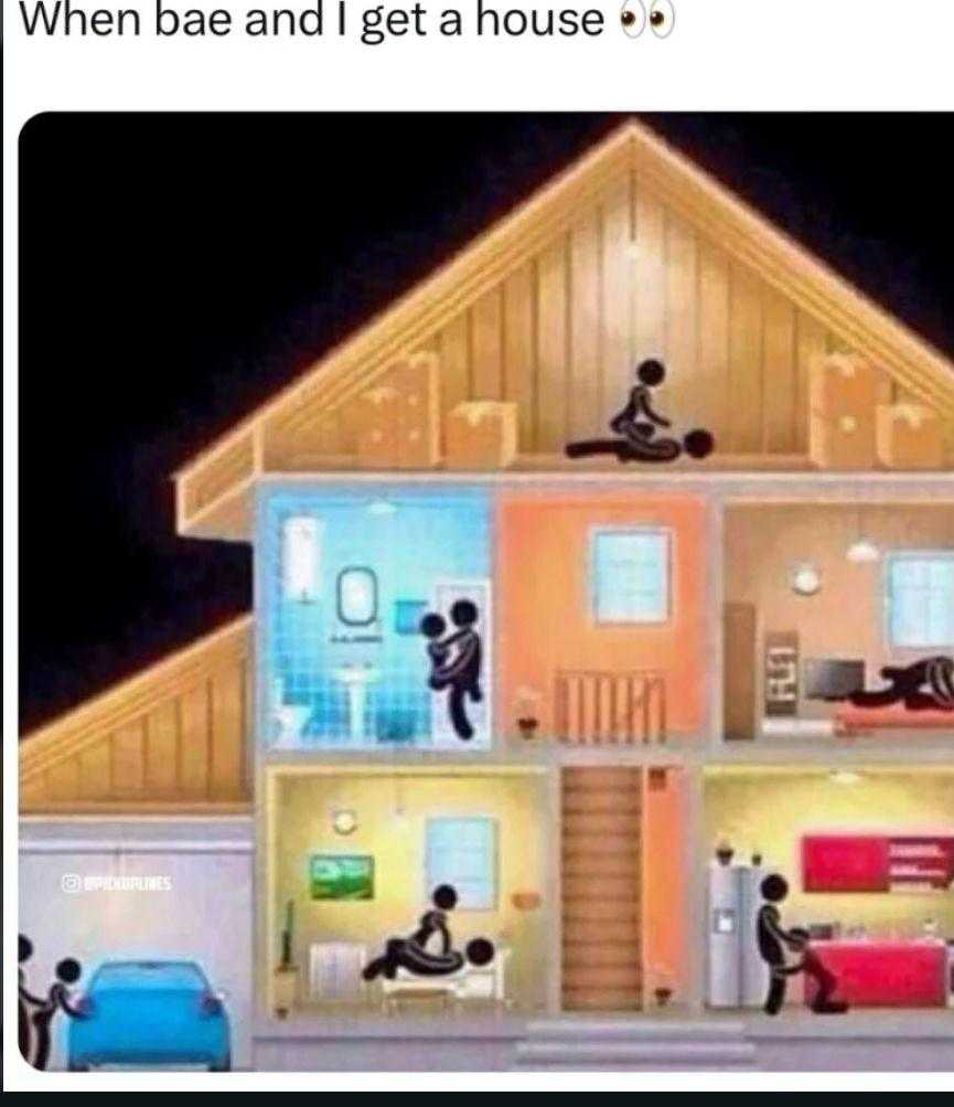 there is a picture of a house with people inside of it