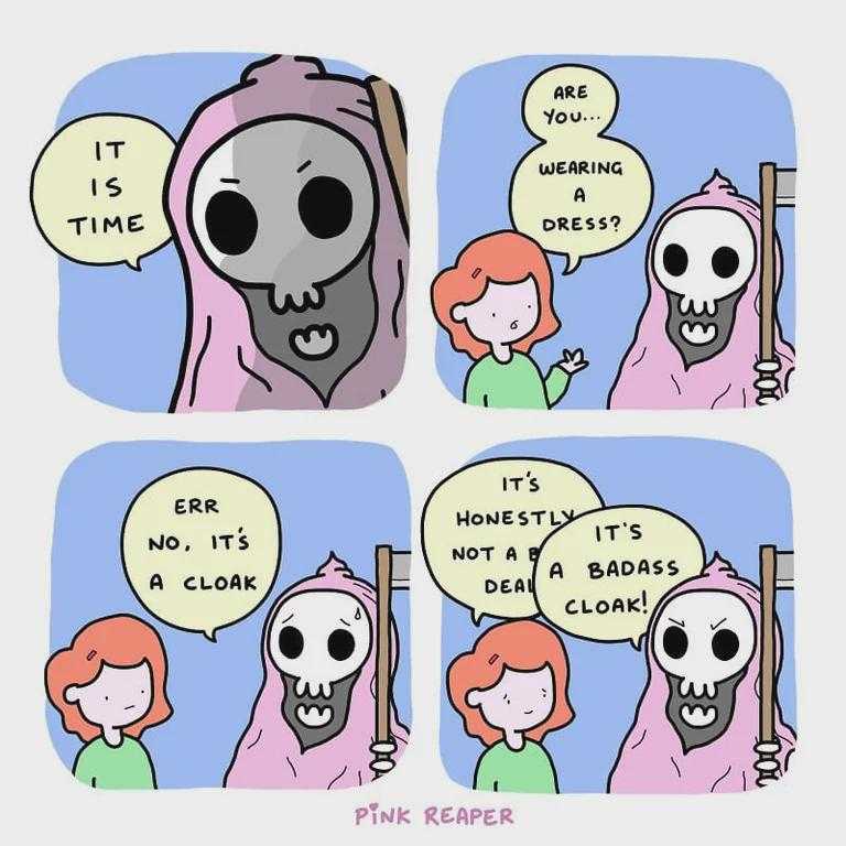 a cartoon of a girl and a skeleton with speech bubbles