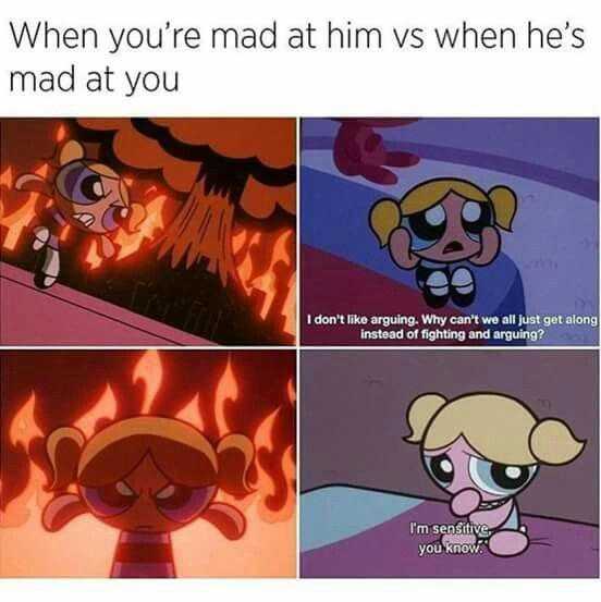 cartoon meme of a girl with a fire in her mouth and a caption of the caption that reads when you read at him when he ' s mad