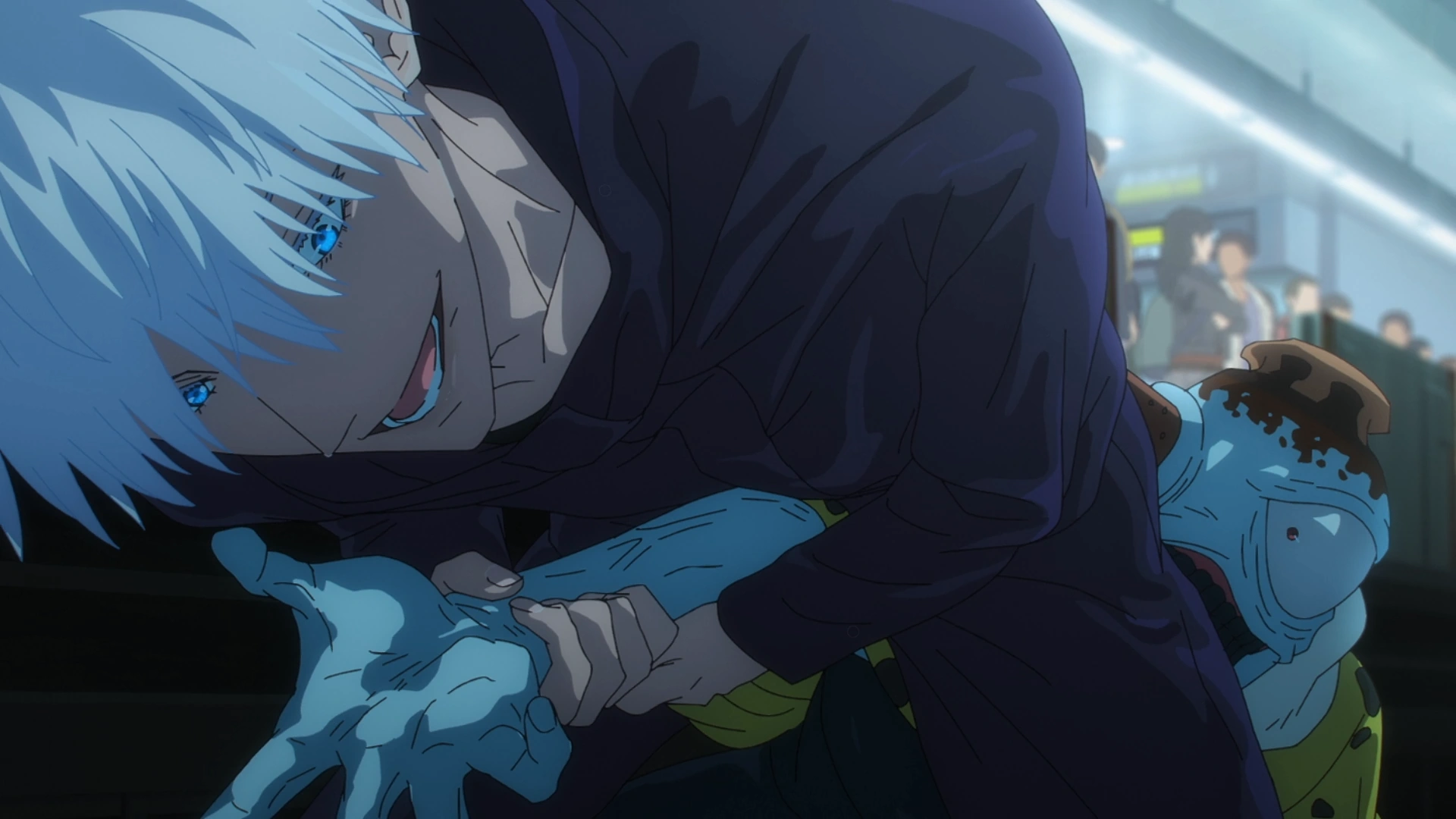 anime character with blue eyes and white hair holding a blue glove