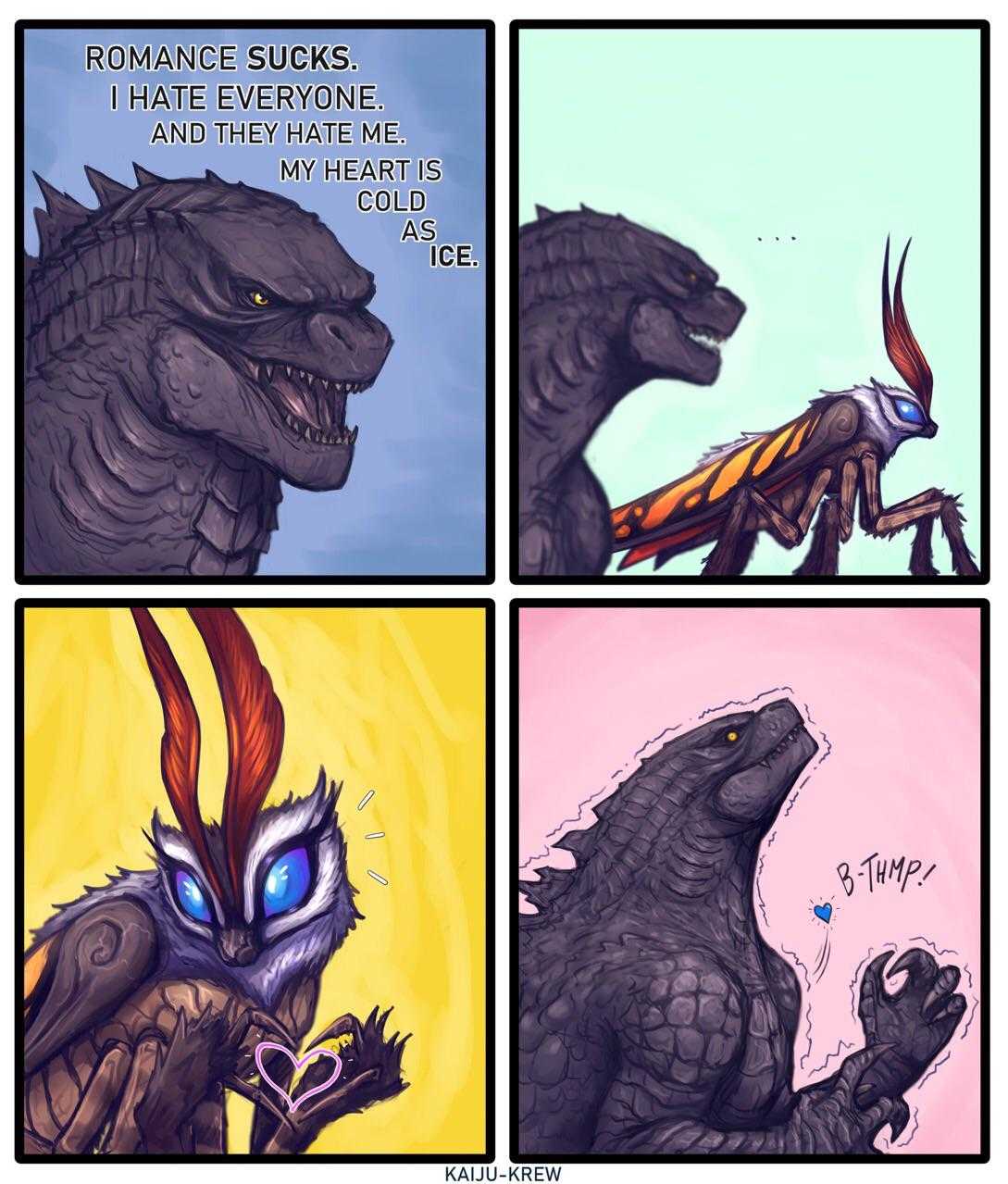 a cartoon of godzillas and a bird with a caption saying