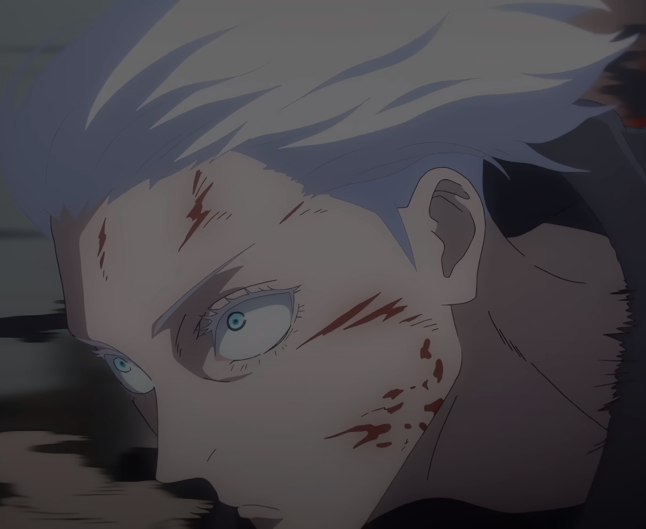 anime character with white hair and blue eyes staring at something