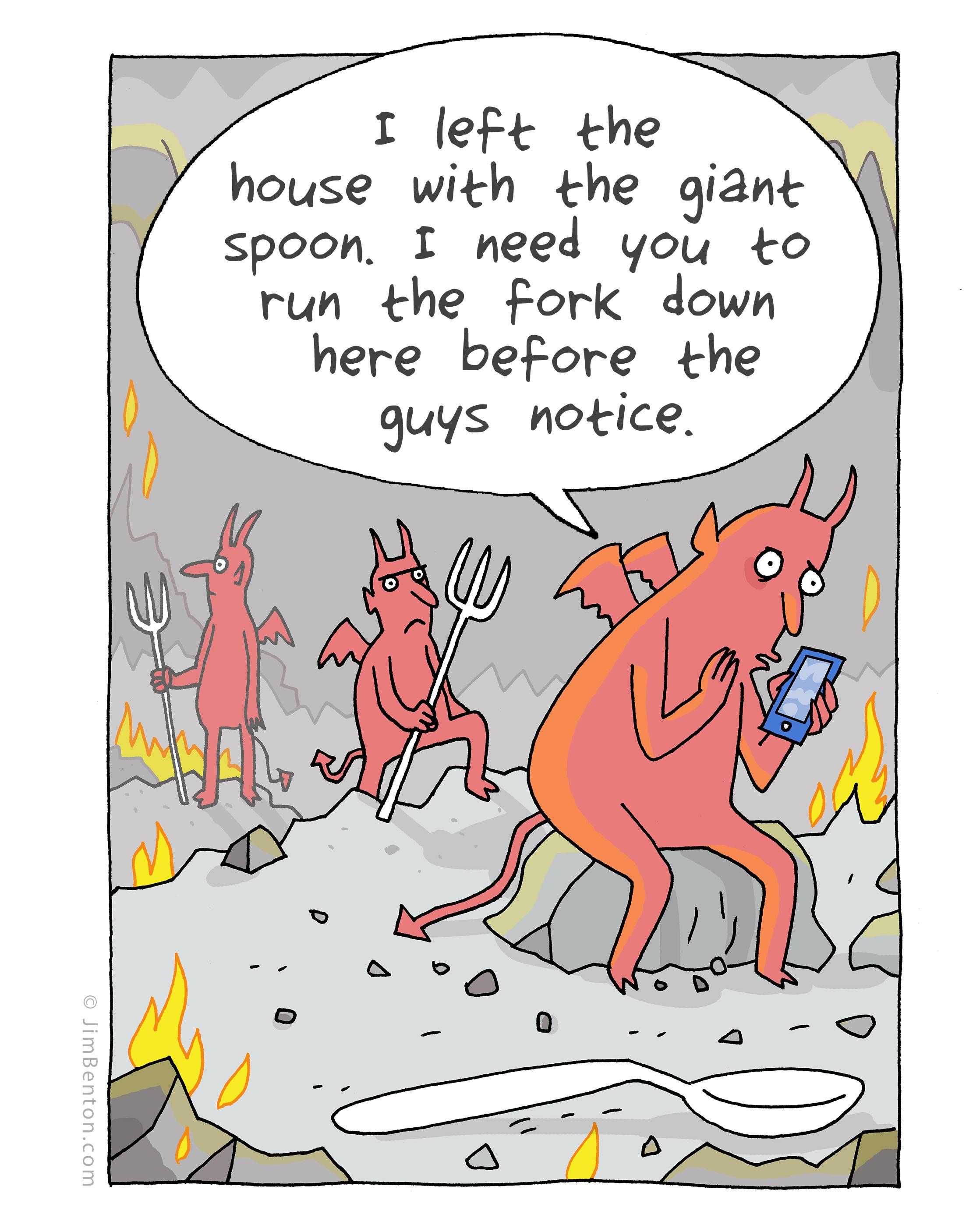 cartoon of a devil and a devil with a knife and fork in front of a fire