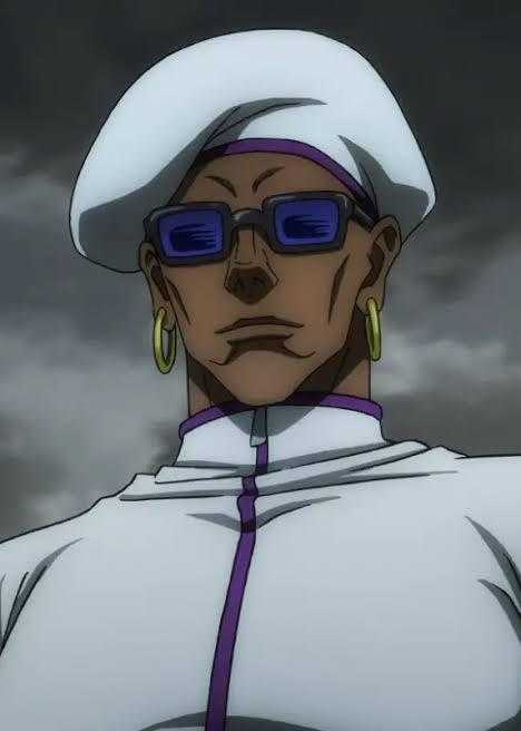 anime character with sunglasses and a white hat and purple tie