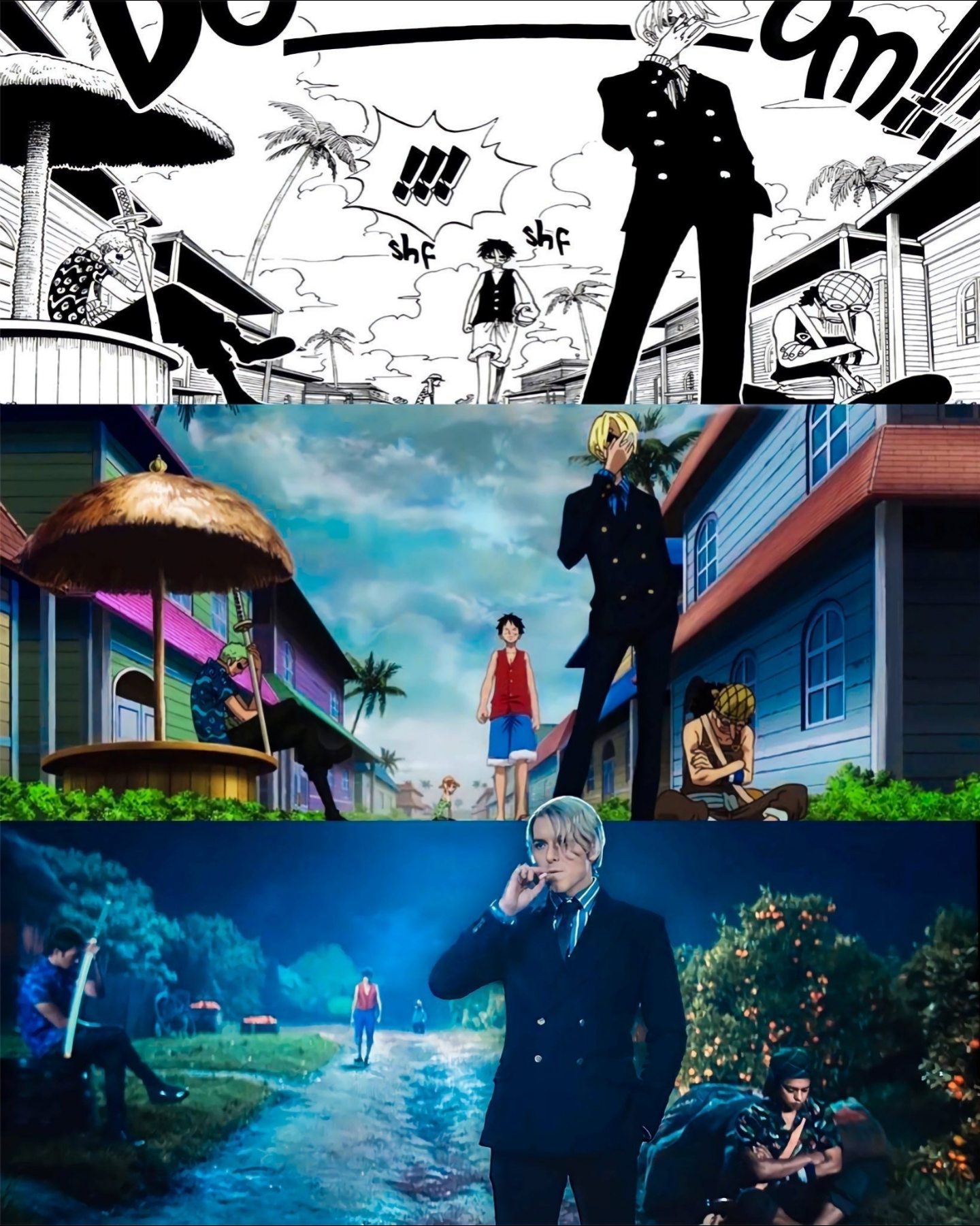 anime characters are standing in front of a house and a man in a suit