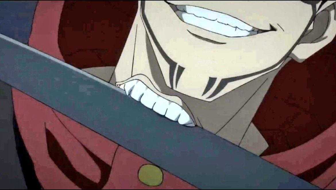 anime character with a knife in his hand and a smile on his face