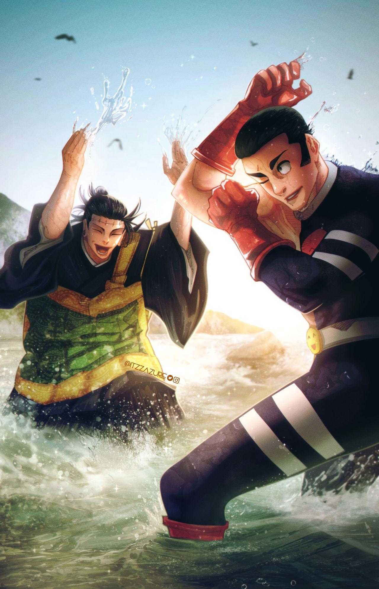 anime characters in the water with a surfboard in the background