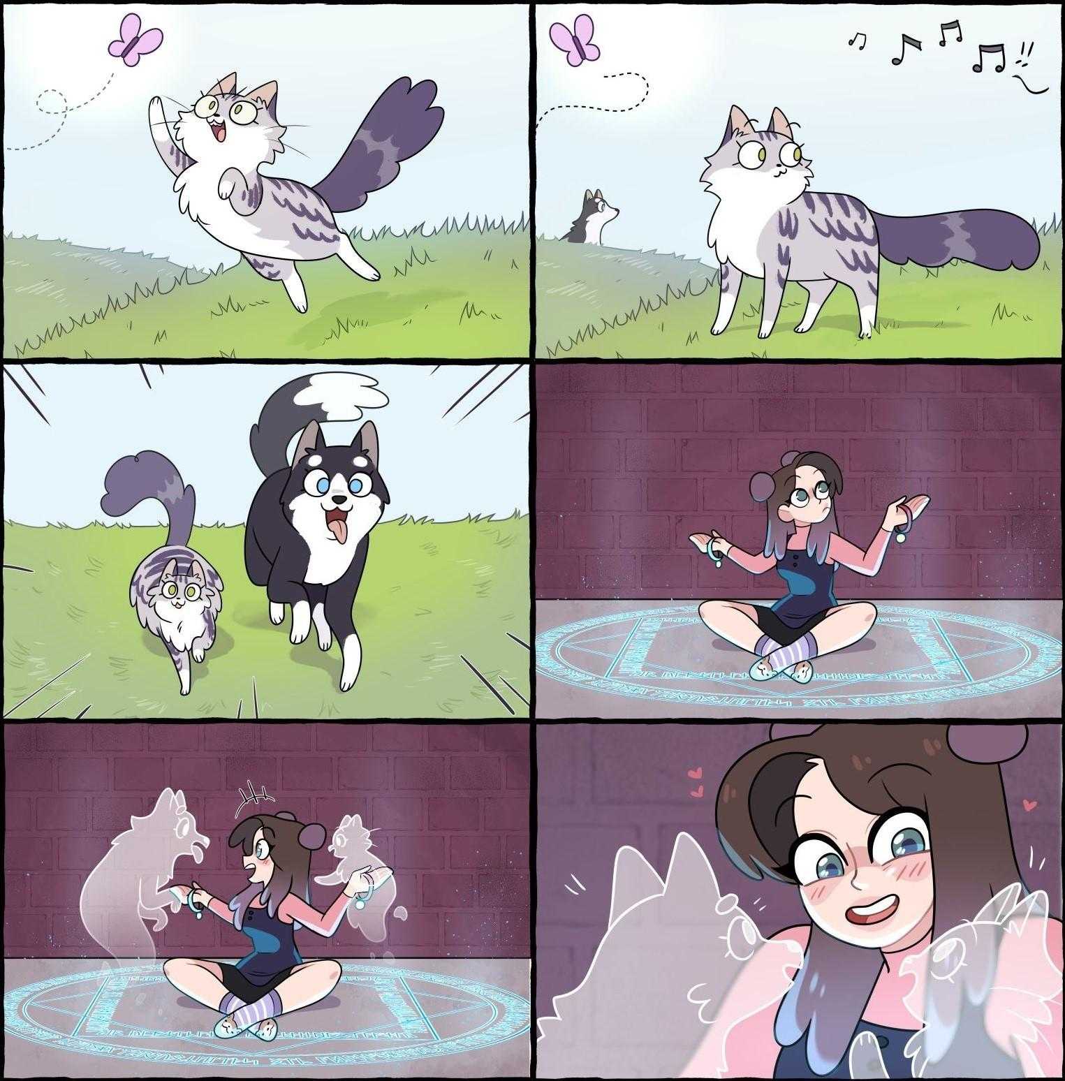 cartoon of a girl playing with a cat and a dog