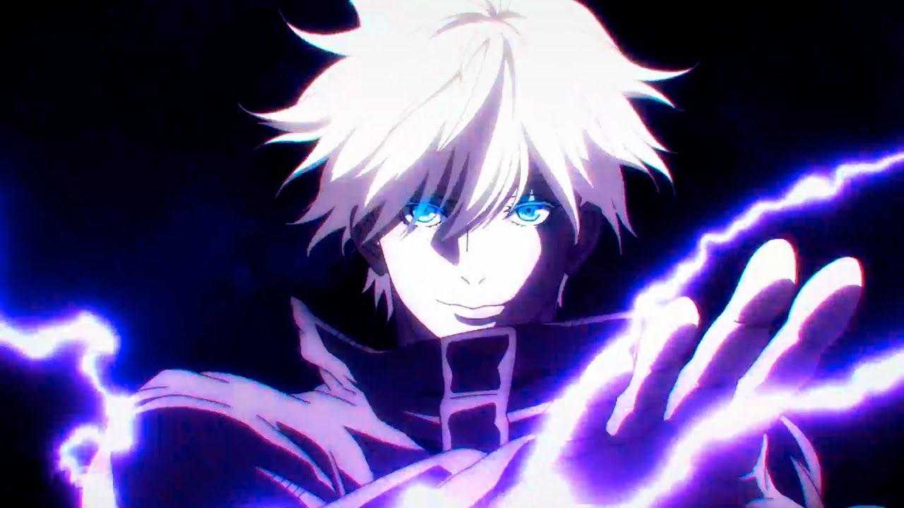 anime guy with white hair and blue eyes holding a lightning bolt