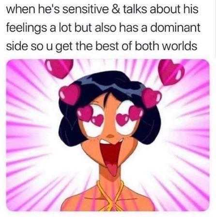 cartoon of a woman with hearts on her head and a caption that reads, when he ' s sensitive