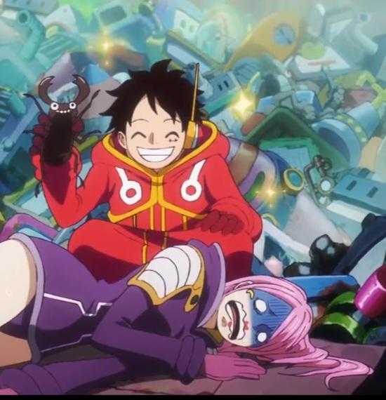 anime characters sitting on a pile of garbage with a cat