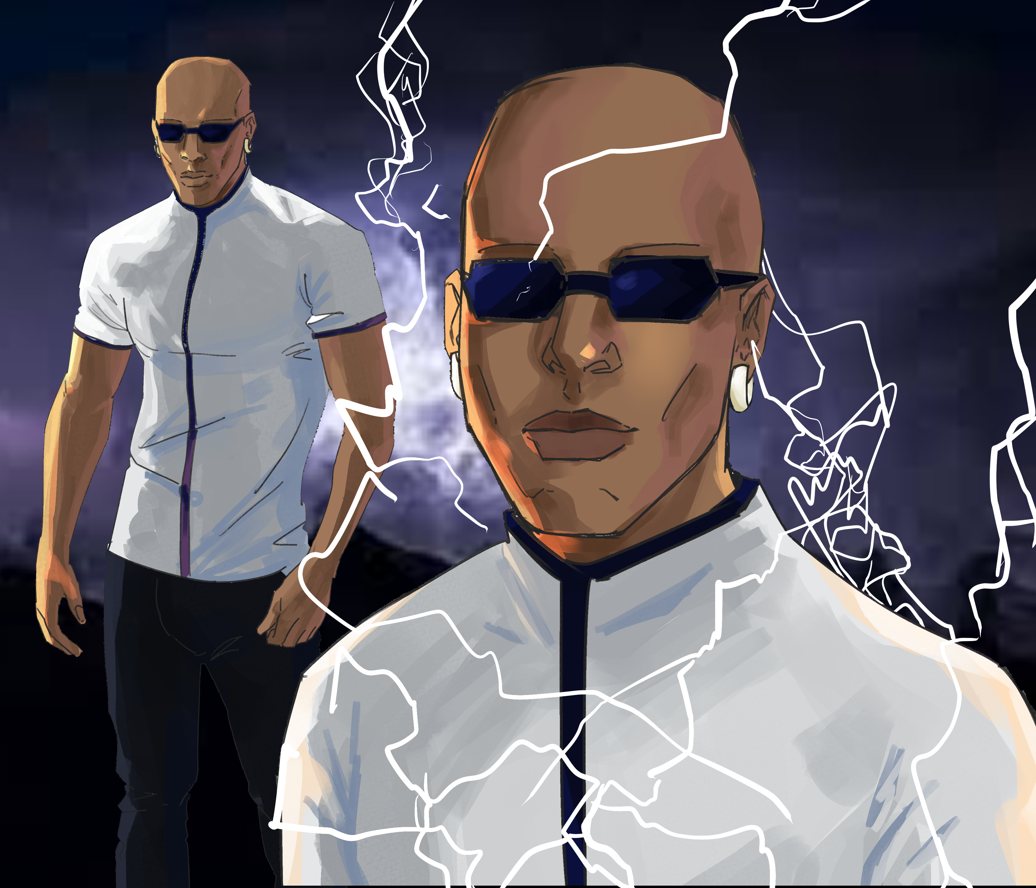 there is a man with sunglasses and a tie standing in front of a lightning