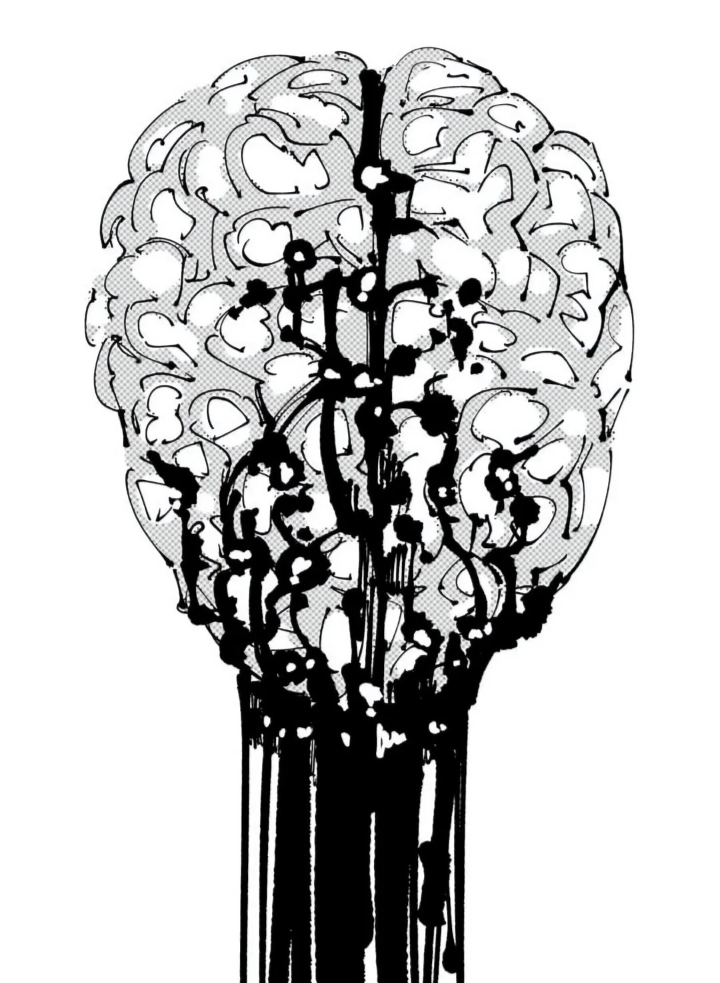 there is a black and white drawing of a tree with a light post