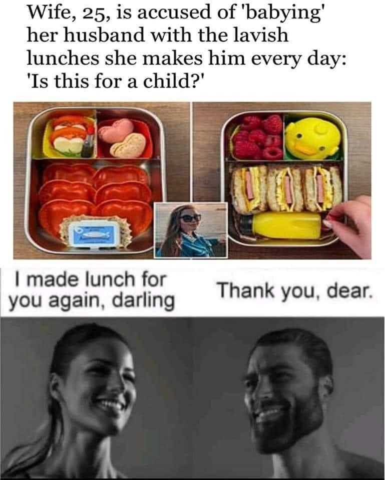 there are two pictures of a man and woman with a lunch box