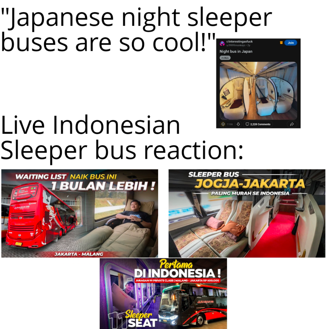 there are four pictures of a bus with a man sleeping on it