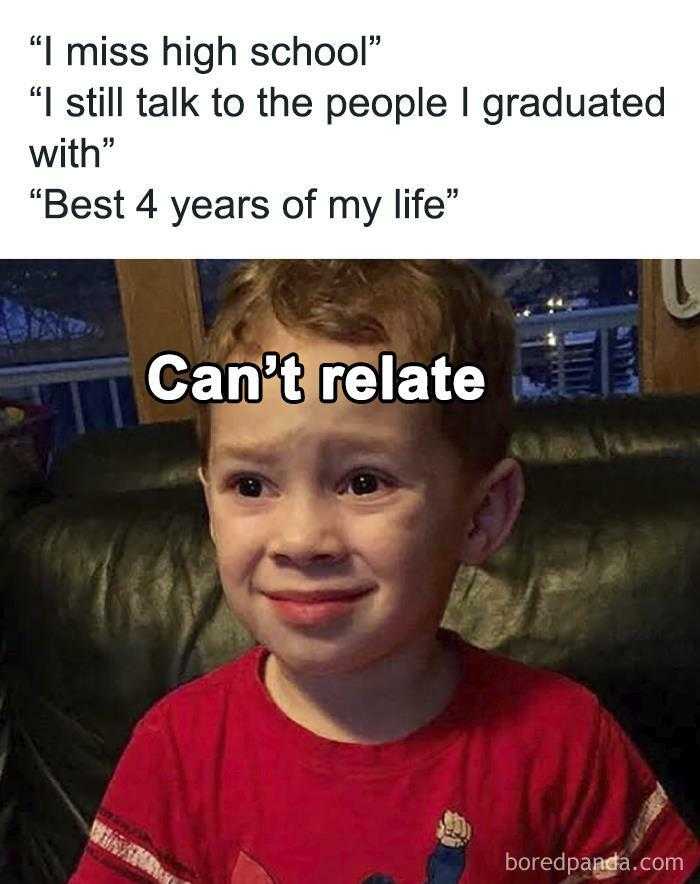 kid sitting on a couch with a caption that reads, i miss high school i still talk to the people graduated with 4 years of my life