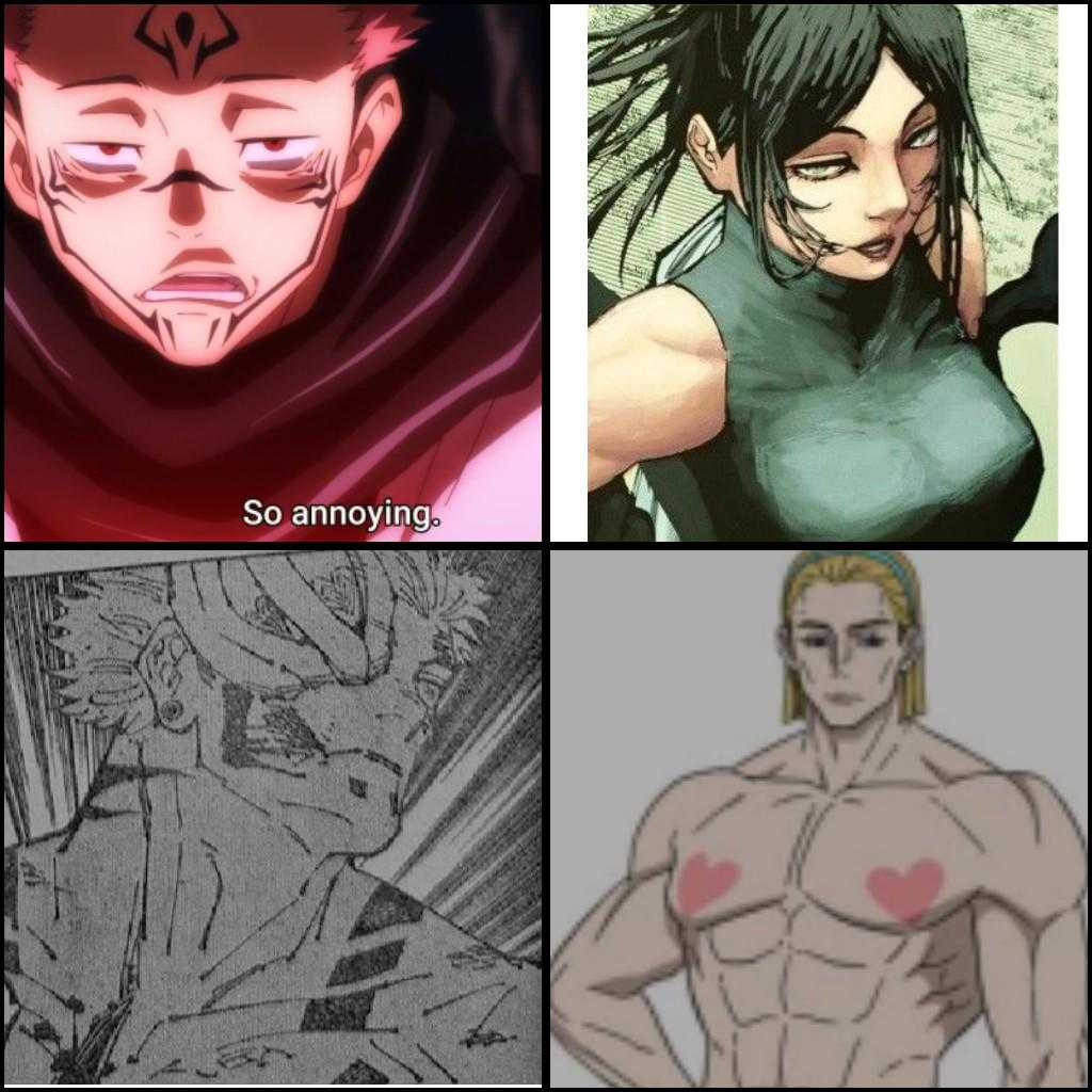 a close up of four different anime characters with a caption of a man