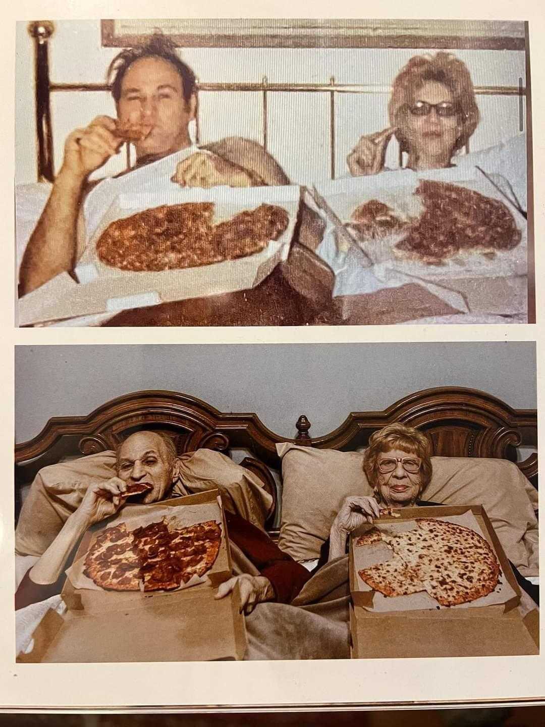 there are two pictures of a man and woman eating pizza