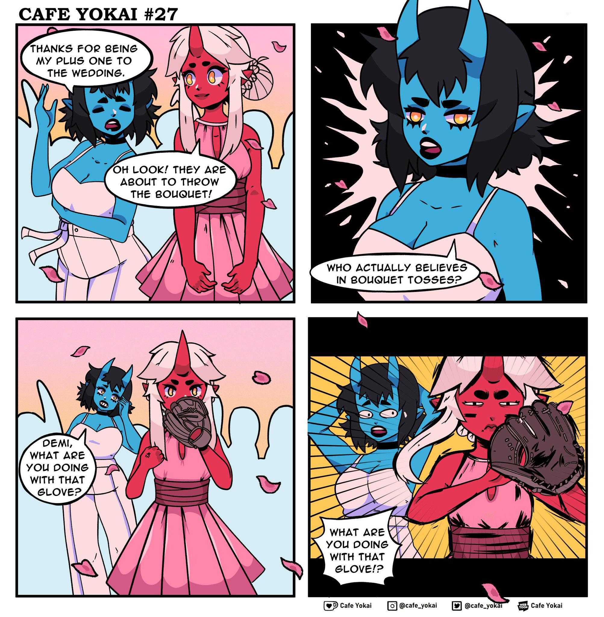 a comic strip with a cartoon of a woman in a pink dress and devil horns