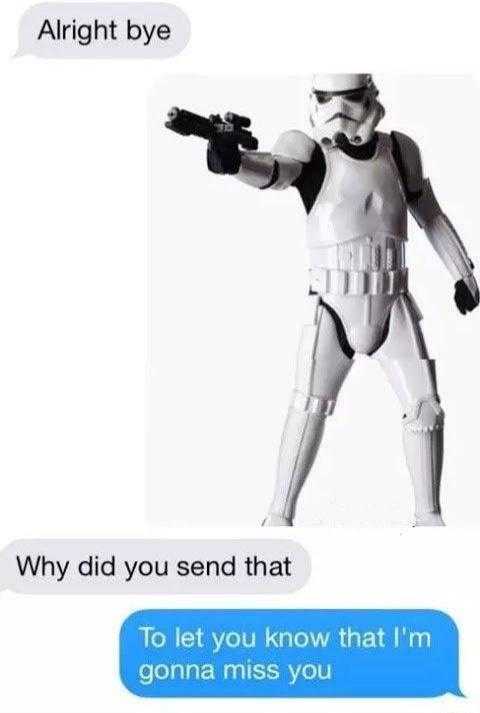 a close up of a text message with a stormtrooper on it