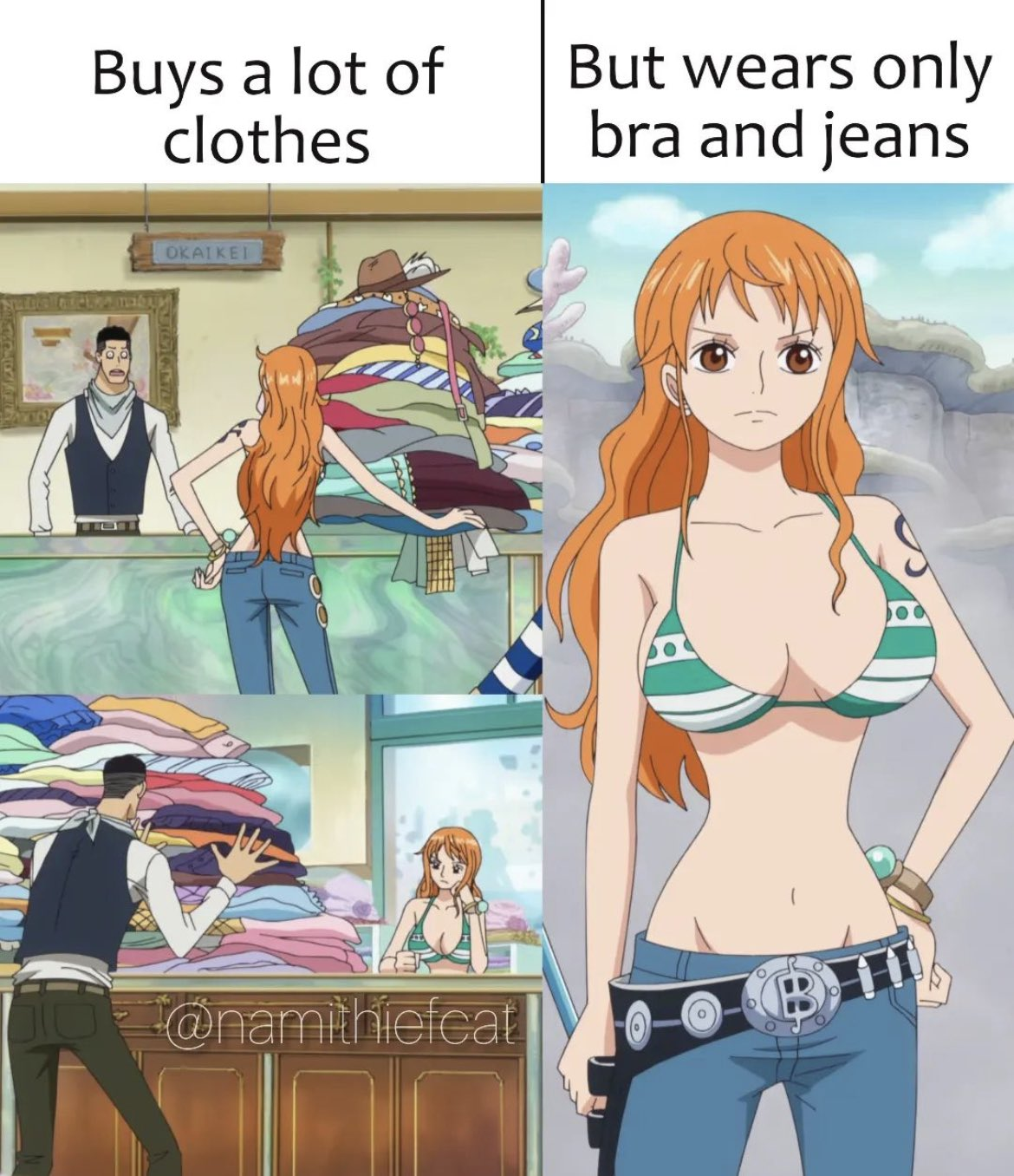 a cartoon picture of a woman in a bikini top and jeans