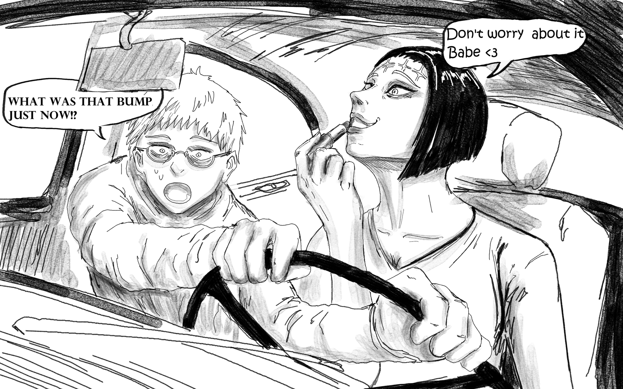 cartoon of a woman smoking a cigarette while driving a car