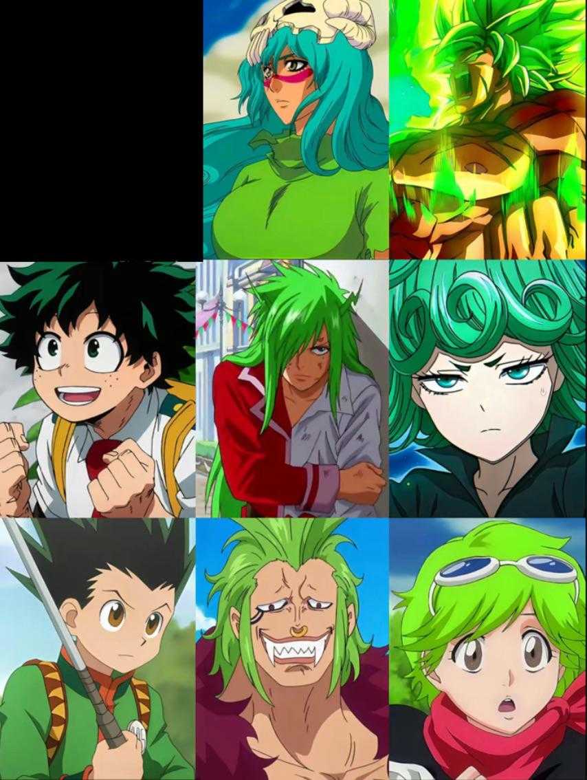 a collage of anime characters with green hair and green eyes