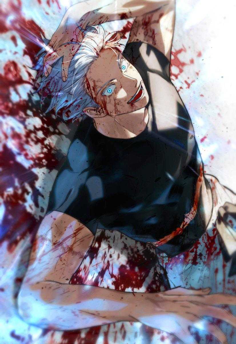 anime character with blood on his body and a bloody face