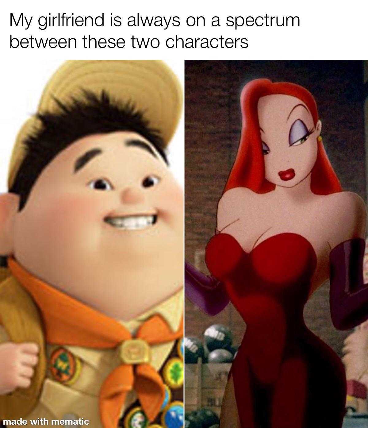 a close up of a cartoon character next to a woman